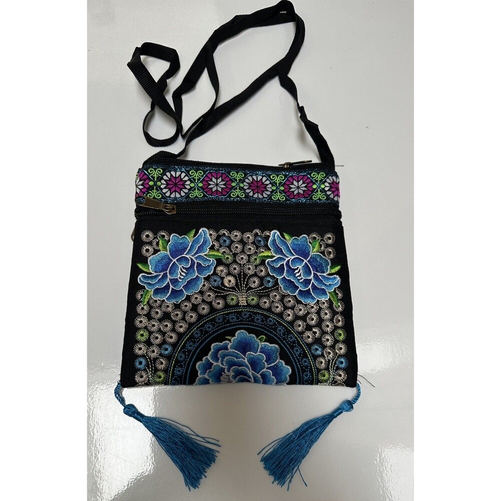 Blue  Tassel Fabric Embroidered Flower Crossbody Bag with Zipper Closure